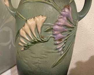 Roseville freesia vase (note chip on left arm & right rim)