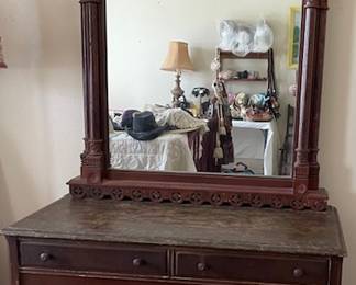 carved mirror w/4 drawer dresser (we have the veneer for the bottom drawer)