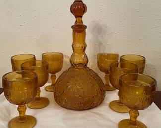 Indiana Glass amber Tiara Sandwich decanter & 8 goblets