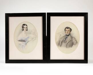 (2PC) NOEL CARTER (19TH CENTURY) | Portrait of husband and wife with baby. Mixed media on paper. Male portrait pencil signed and dated 1841 lower right. 6.5 x 5 in. (ea. sight) - w. 8.5 x h. 10 in (ea. frame)
