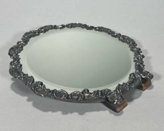 (1PC) CIRCULAR SILVER MIRROR | Circular beveled glass mirror with silver border and wood frame, kickstand attached. - dia. 6.5 in

