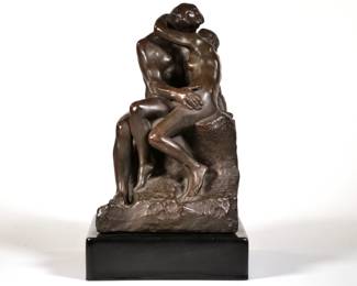 ALVA STUDIOS F. BARBEDIENNE BRONZE | 
Couple kissing. After Rodin, Ferdinand Barbedienne foundry, on a ceramic plinth, with dedication by Rodin, 1902, and with the REDUCTION MECANIQUE stamp. - h. 9.5 in