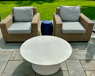 Here are the 2 Matching Wicker Chairs by Pottery Barn, Sunbrella Cushions and Custom Pottery Barn Covers.  White Outdoor Coffee Table by Crate & Barrel 
