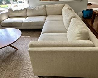 Room and Board Sectional in Neutral Herringbone Fabric. (Note: Round Coffee Table NFS)