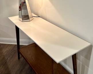Cool Sofa Table with Lower Tier for Storage or Decor.  Shown with Mirrored Table Lamp