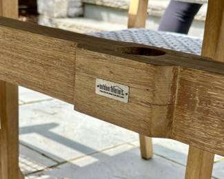 Beautiful outdoor Dining Table and 6 Chairs by Outdoor Interiors and purchased at Wannemaker's in Downers Grove.  The Wood is Teak and the chairs have a Rope Style Netting.  