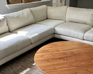 Room and Board Sectional in Neutral Herringbone Fabric. (Note: Round Coffee Table NFS)