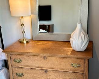 Vintage  3 drawer dresser , mirror and white vase with table lamp