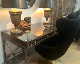 Leather glass top desk/ Velvet Egg Chair / Pair of Vintage Lamps