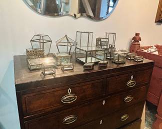 Antique Chest and Vintage Brass and glass boxes