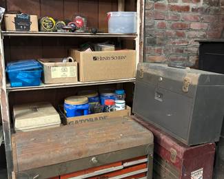 Vintage tool boxes and box lots of nails, screws, nuts, bolts, you name it.