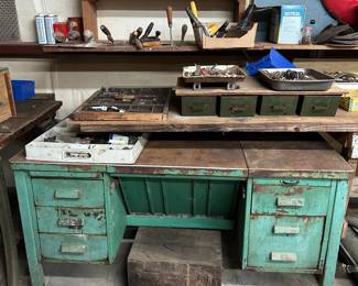 This is the coolest old desk.  Possibly military.  All metal.  Center top lifts up.  Note the wood box below!