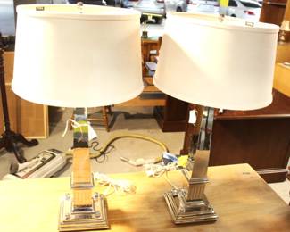 Pair of beautiful heavy chrome Frederik Cooper column lamps. Height 29", base 7".  Beautiful suede shades.