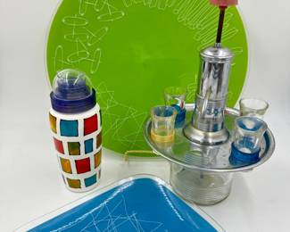 Mid-Century Liquor Dispenser & Shot Glasses + 2000s Atomic Glass Trays	