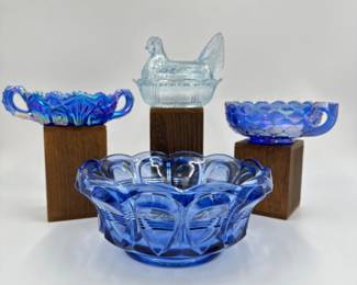 Vintage Smith's Blue Carnival Glass - Fenton Bowl & Hen on Nest	