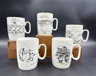 (5) Signed Robert Mayokok Alaska Inuit Coffee Mugs	