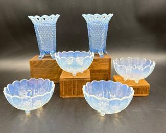 Vintage Opalescent Glass Bowls & Imperial Glass Lace Katy Vases	