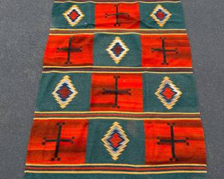 Vibrant Green, Orange & Brown Hand Woven Wool Southwest Rug 82x47.5	