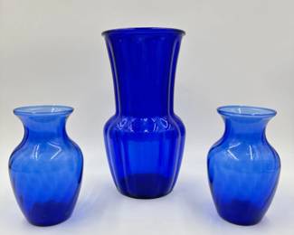 Vintage Cobalt Blue Indiana Glass Vase Trio - Hand Blown - 10" & 5.5"	