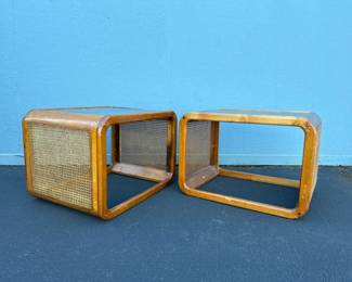Mid Mod Woven Cane & Smoked Glass Rounded Side Tables	
