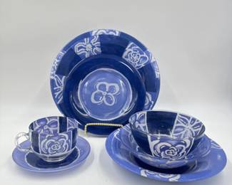 56 pc Luminarc France Tempered Glass w/Blue Floral Motif Plates & Bowl	