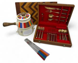1970s San Remo Rainbow Fondue Set & Thai Bronze Rosewood Flatware Set	