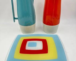 Atomic Retro Aladdin's Beverage Butler Blue & Rust Thermos Pitchers +	