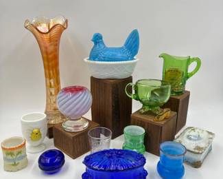 Westmoreland Hen On Nest - Fenton Cobalt Cabbage Rose - Carnival Glass	