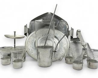 Mid Century Hammered Aluminum Serving War - Martini Pitcher & Cups	