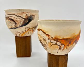 Vintage Nemadji Pottery Swirl Vessel Planters - 7"D	