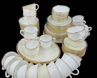 Massive Lot of Fire-King White Swirl & Gold Sponged Rim Serving Ware	