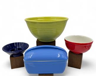 Mid Century Chartreuse #9 Bauer Mixing Bowl & Hall Ashtray, Fridgie +	
