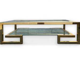 Vintage Two-Level Brass Greek Key Coffee Table w/ 3/8"Glass	