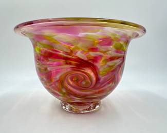 Tacoma Glass Studio Chartreuse & Pink Swirl Art Glass Vessel	