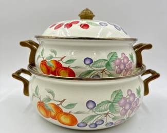 Vintage Enamelware Cookware w/Fruit Motif - 8.75" & 10"	
