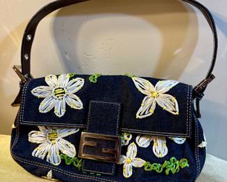 Fendi Embroidered Denim Baguette Bag&nbsp;&nbsp;(Authenticated)