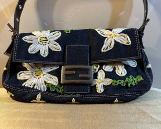 Fendi Embroidered Denim Baguette Bag&nbsp;&nbsp;(Authenticated)