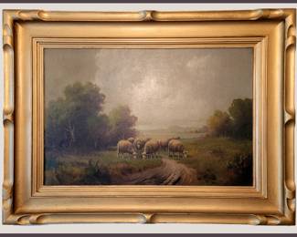 Large, Very Attractive Old Oil on Canvas of Grazing Sheep 