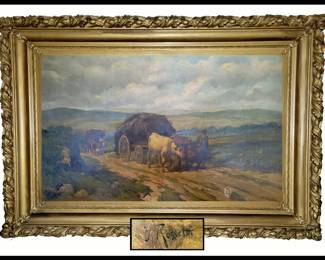 Large Beautifully Framed and Signed Old Oil Painting on Canvas, Rossetti. Oxen Pulling Carts