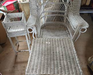 wicker chair, footstool and planter