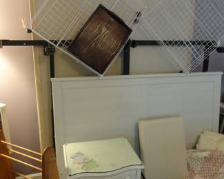 Queen Headboard/Boxspring is Craftmatic/Mesh bins are rollaway storage under the bed