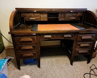 Antique oak rolltop desktop desk with original chair
