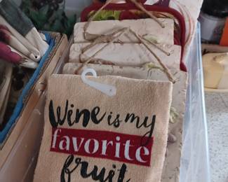 Kitchen decor. Wine print towels, wall plaques,  decor plates.