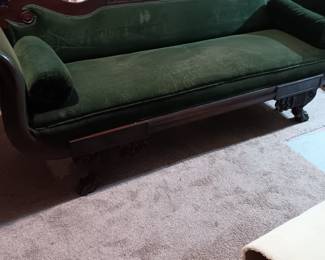 Beautiful 6ft wide green velvet couch with rich dark wood trim