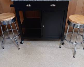 Roll cart. 2 metal stools wood seat tops