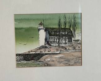 lighthouse etching hand colored 