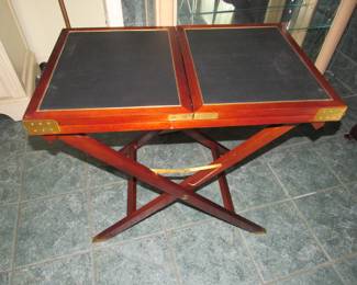 Fold-up leather & brass inlaid game table