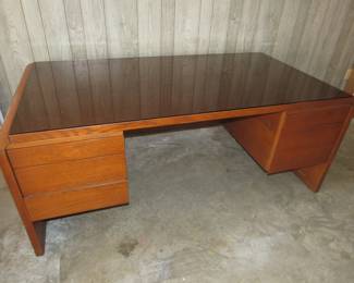 Kimball oak office desk with smoky glass top