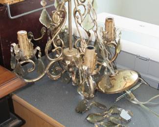 Mid Century wrought iron fixture with smokey glass prisms