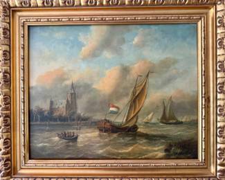 Painting of ships in bay 22"h x 26"w